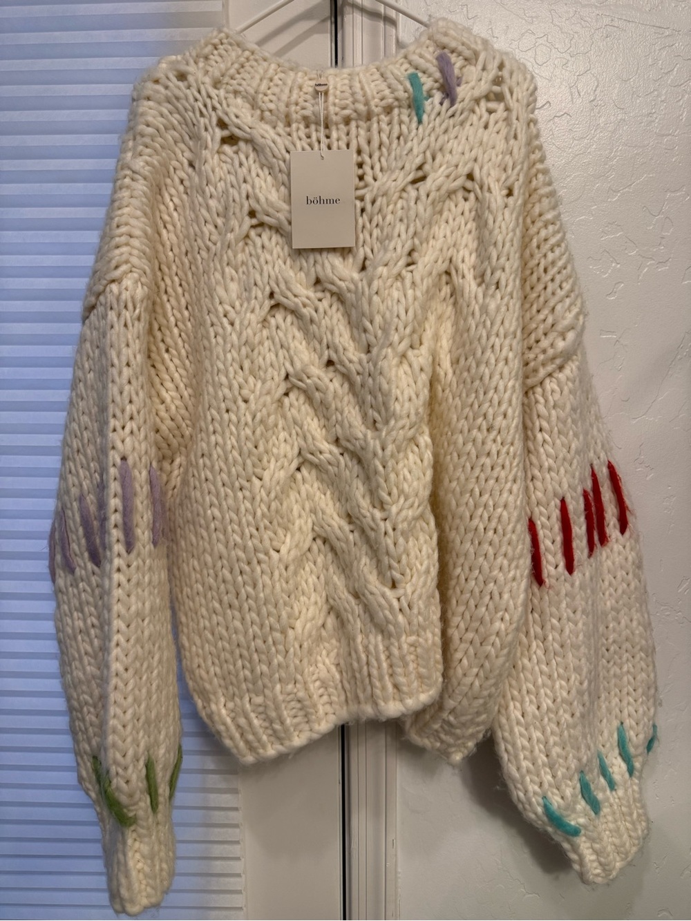 bohme Cream Cable Knit Sweater with Red, Purple, Green, Turquoise Accents